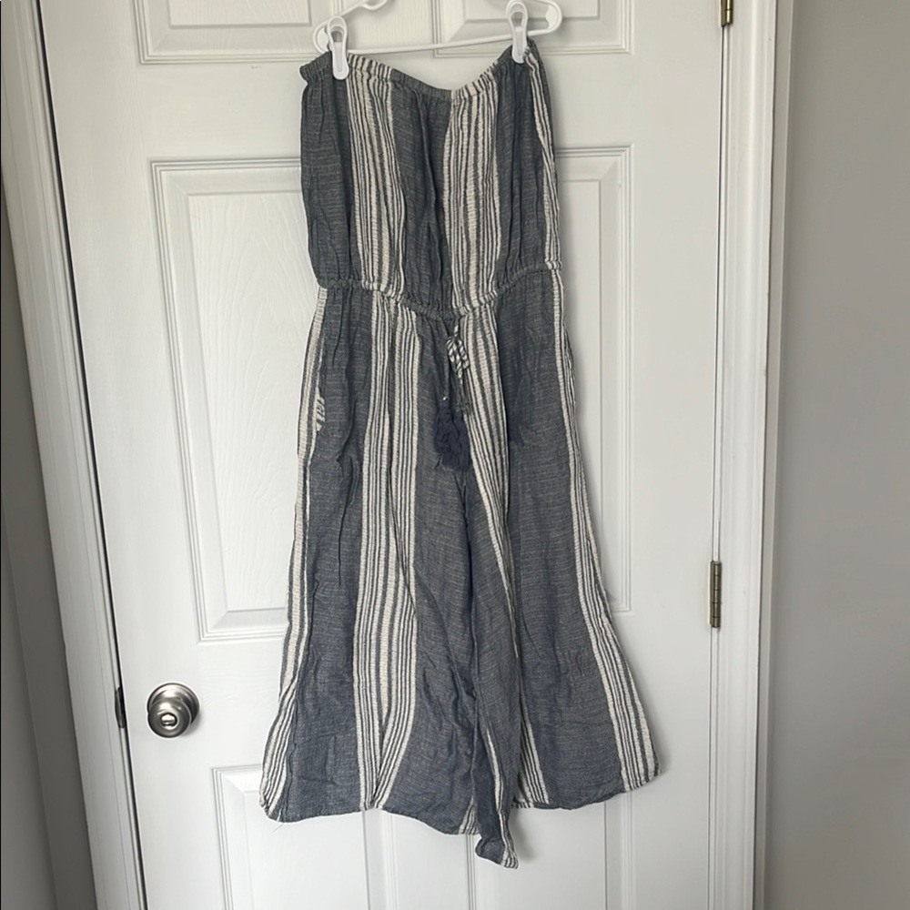 Blue and White Striped Jumpsuit with Wide-Leg Design